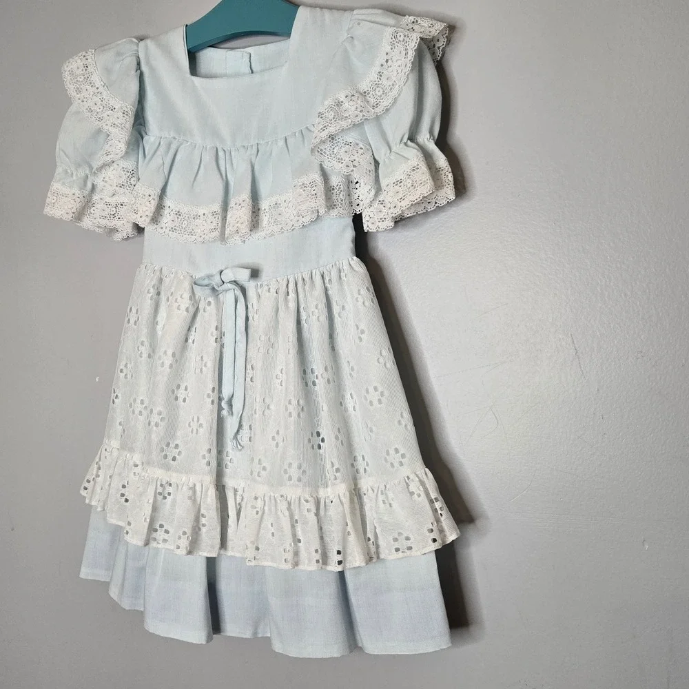 Vtg Martha's Miniatures Girls 5 Blue Lace Apron Dress Circle Skirt Twirl Prairie